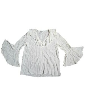 Sarah Stewart Silk Handmade Ruffle V-Neck Bell Sleeve Blouse S Wardrobe Staple